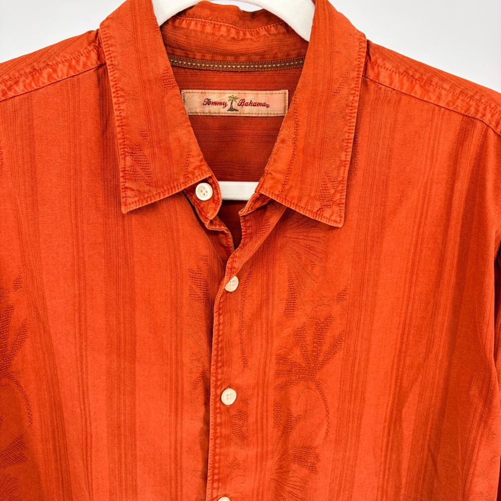 Tommy Bahama Button Down Shirt Large Orange Palm Tree Jacquard Tencel Cotton L/S